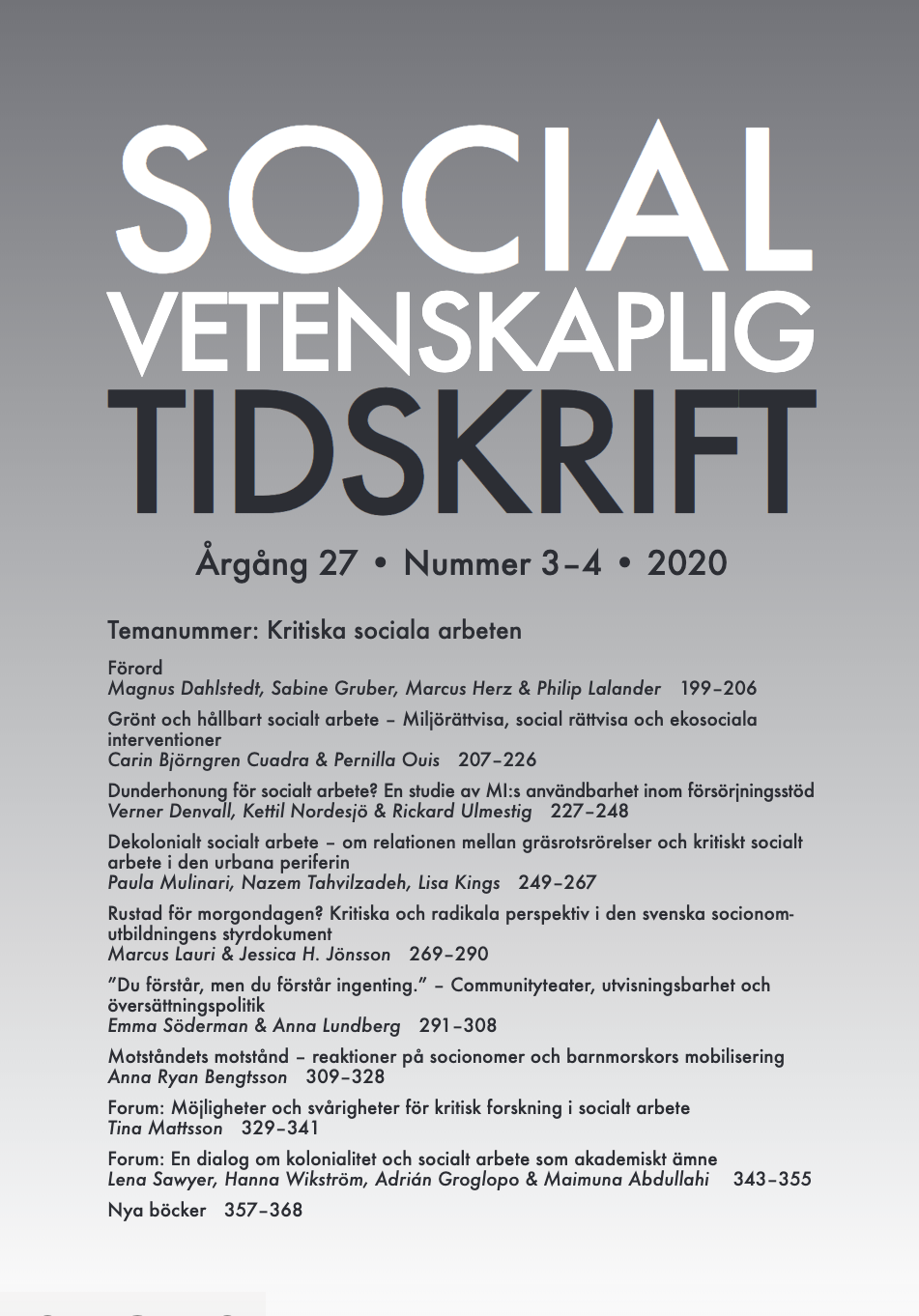 					View Vol. 27 No. 3-4 (2020):  Temanummer: Kritiska sociala arbeten
				